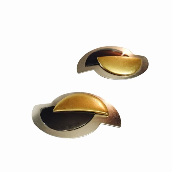 Monet Post Earrings Vintage Geometric Mixed Metal Modernist Brutalist Sculptural - Picture 10 of 13